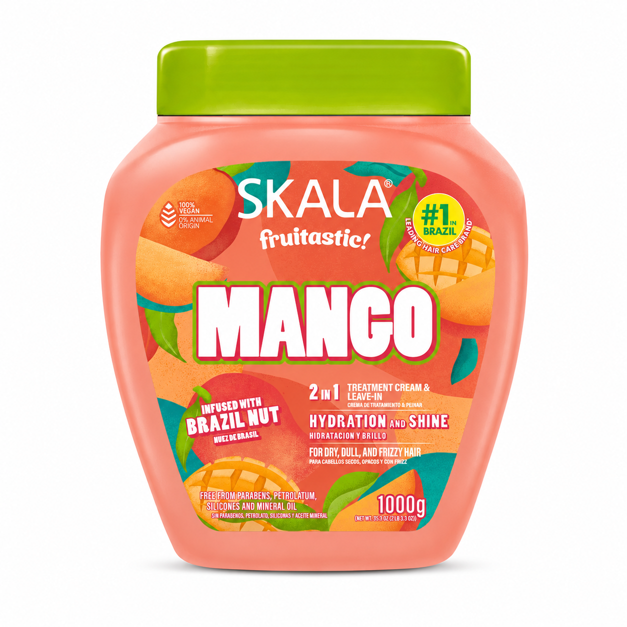 Skala Fruitastic Mango Hair Treatment Cream 1KG in a peach-coloured tub with a green lid, displayed on a clean white background. Vegan 2-in-1 treatment cream and leave-in enriched with Brazil nut to hydrate dry, dull and frizzy hair while improving softness and shine.
