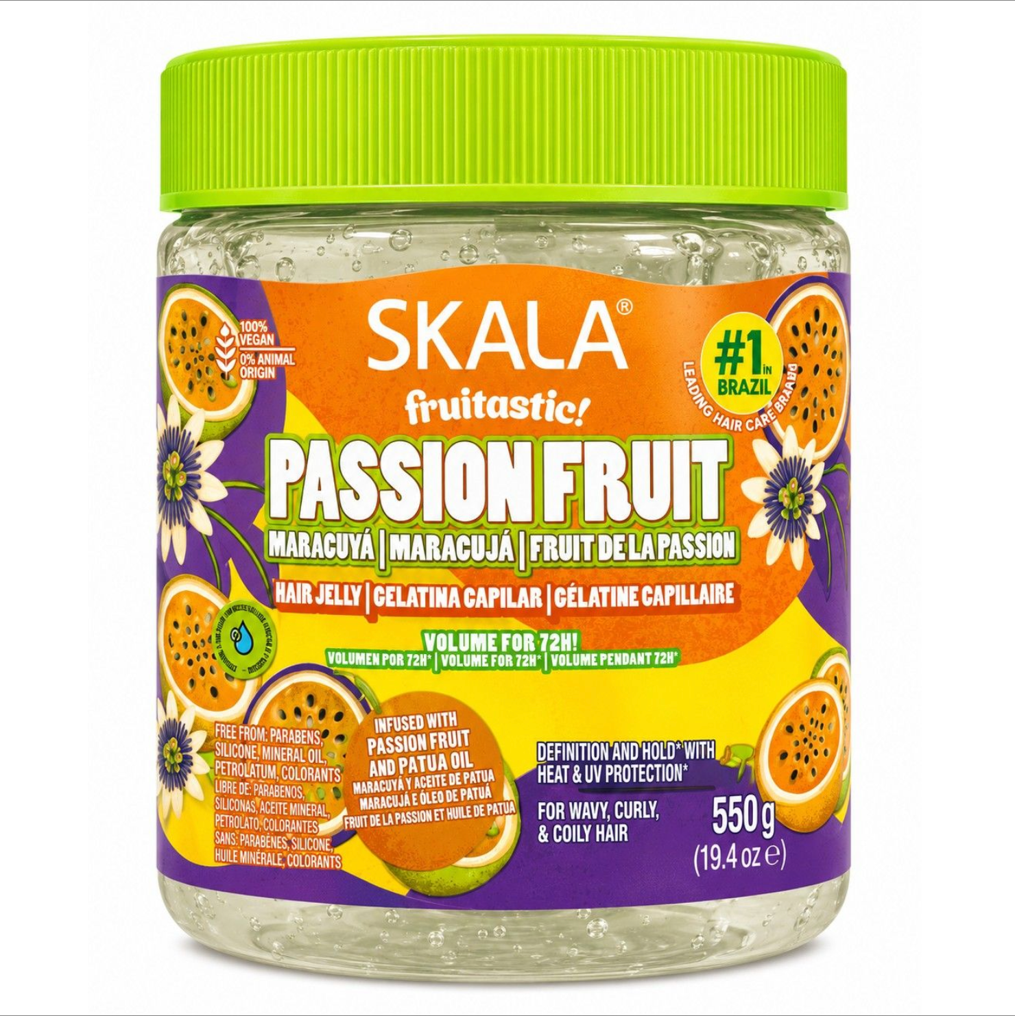 Skala Fruitastic Passionfruit Hair Jelly 550g in a clear jar with a bright green lid, displayed on a clean white background. Vegan styling hair jelly infused with passion fruit and patauá oil to define curls, add volume and provide heat and UV protection for wavy, curly and coily hair.