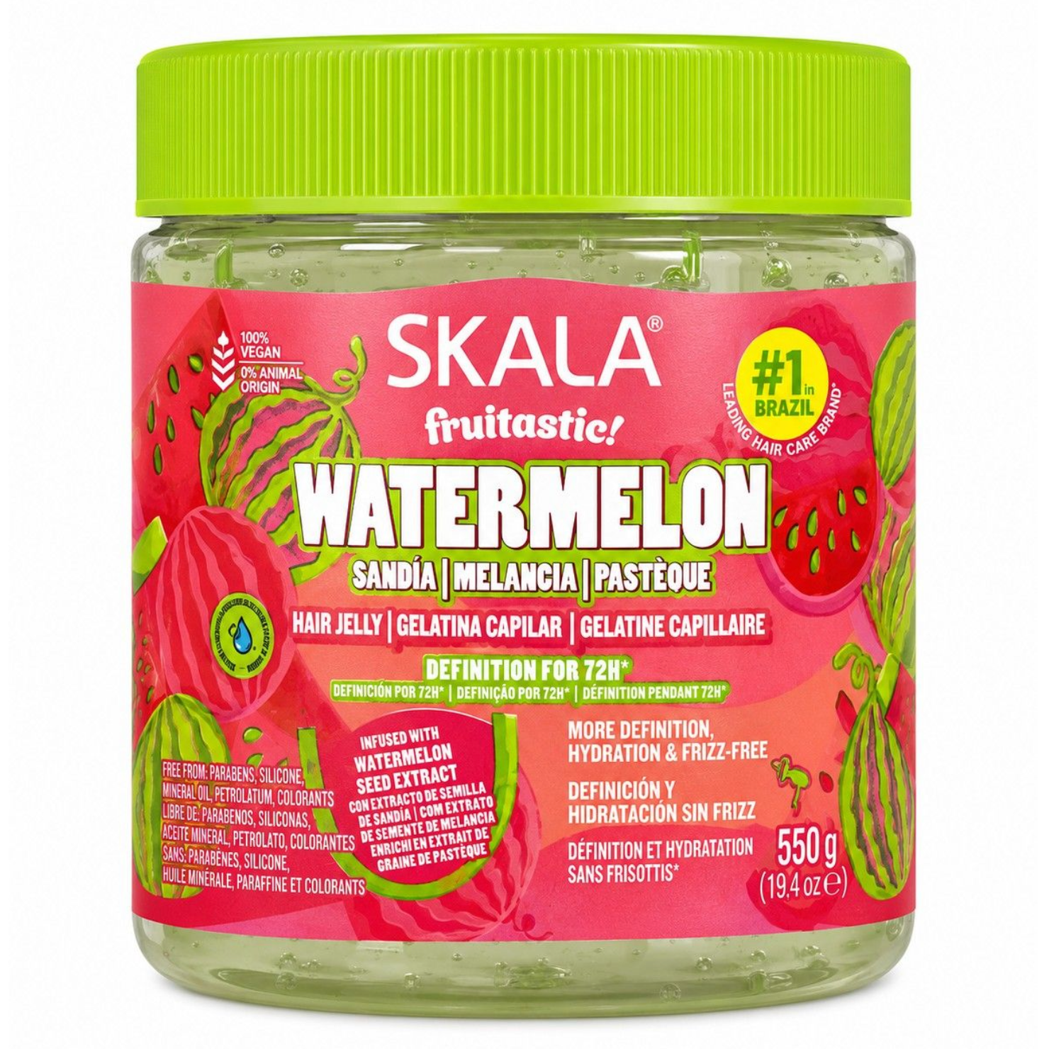 Skala Fruitastic Watermelon Hair Jelly 550g in a clear jar with a bright green lid, displayed on a clean white background. Lightweight vegan hair jelly infused with watermelon seed extract to define curls, boost hydration and reduce frizz for up to 72 hours.
