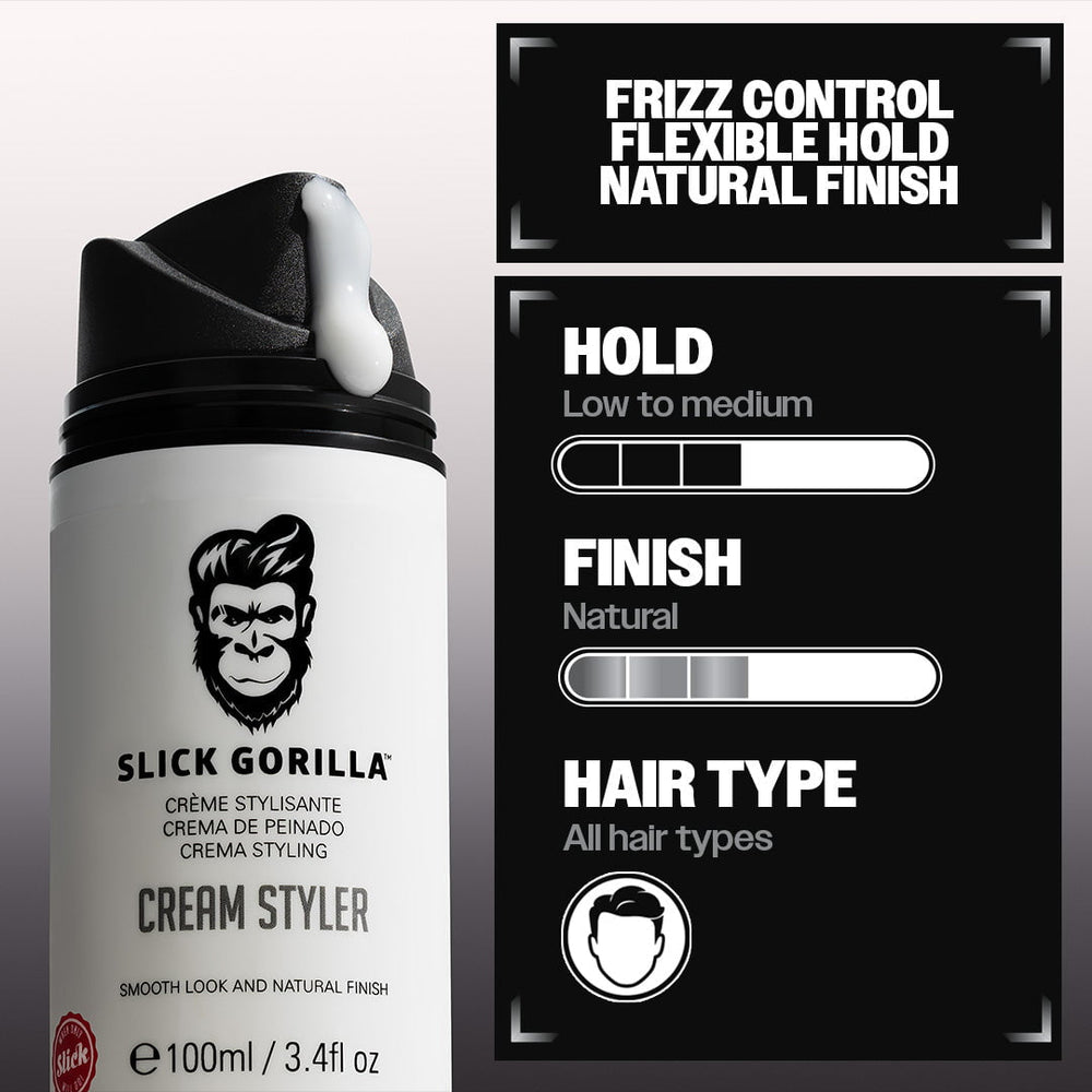 How to apply Slick Gorilla Cream Styler to damp or dry hair for natural texture and flexible hold. with the bottle on the left and hold, finish and hair types on the right