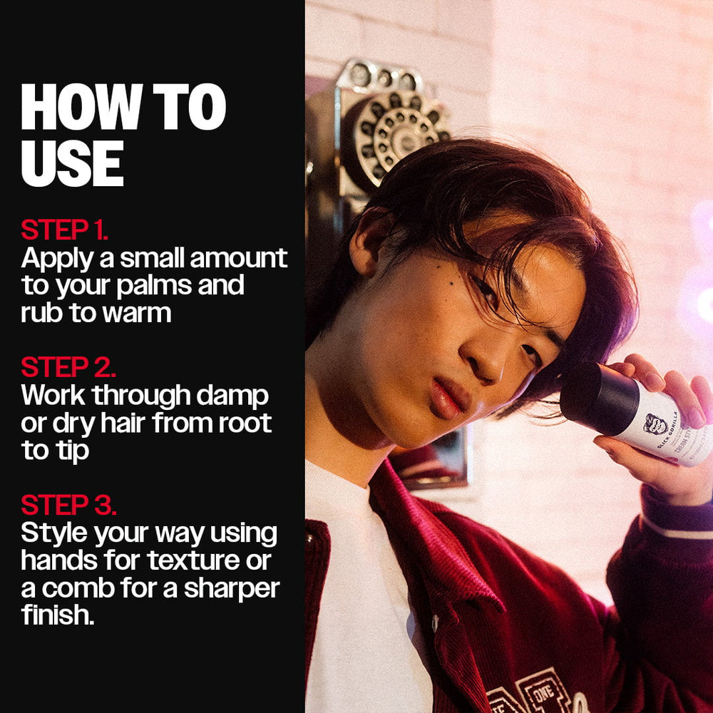 Step-by-step guide showing how to apply Slick Gorilla Cream Styler by warming the cream in your hands, working it through damp or dry hair, and styling for a natural finish.

