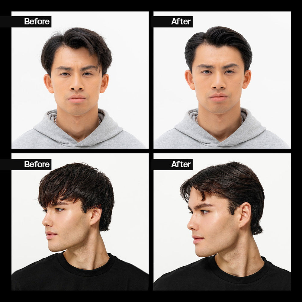 Before and after comparison demonstrating how Slick Gorilla Cream Styler transforms hair with improved control, reduced frizz, added definition and a natural-looking finish.
