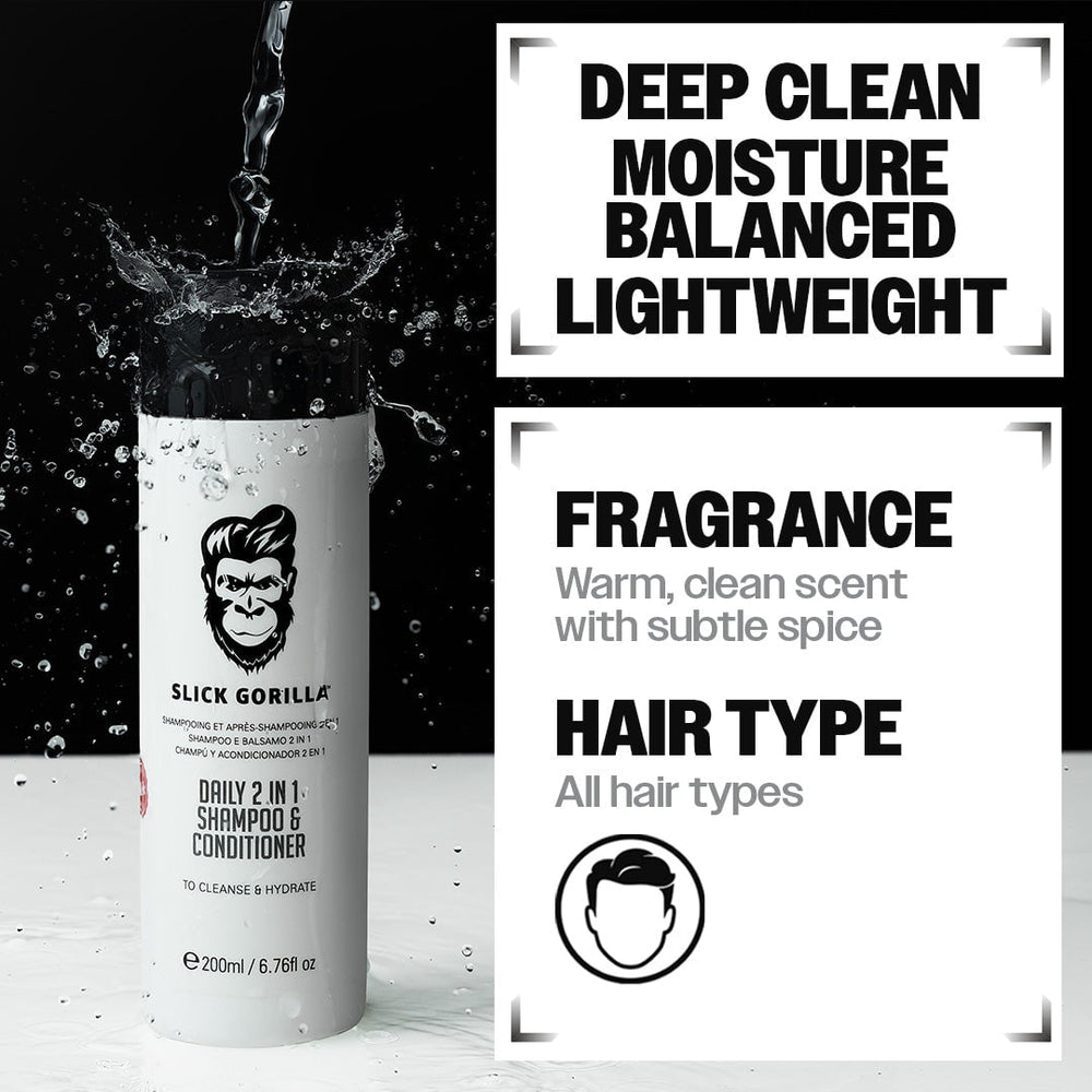 Slick Gorilla Daily 2 In 1 Shampoo & Conditioner featuring a deep cleansing formula with balanced moisture, a warm clean fragrance and lightweight hydration suitable for all hair types.
