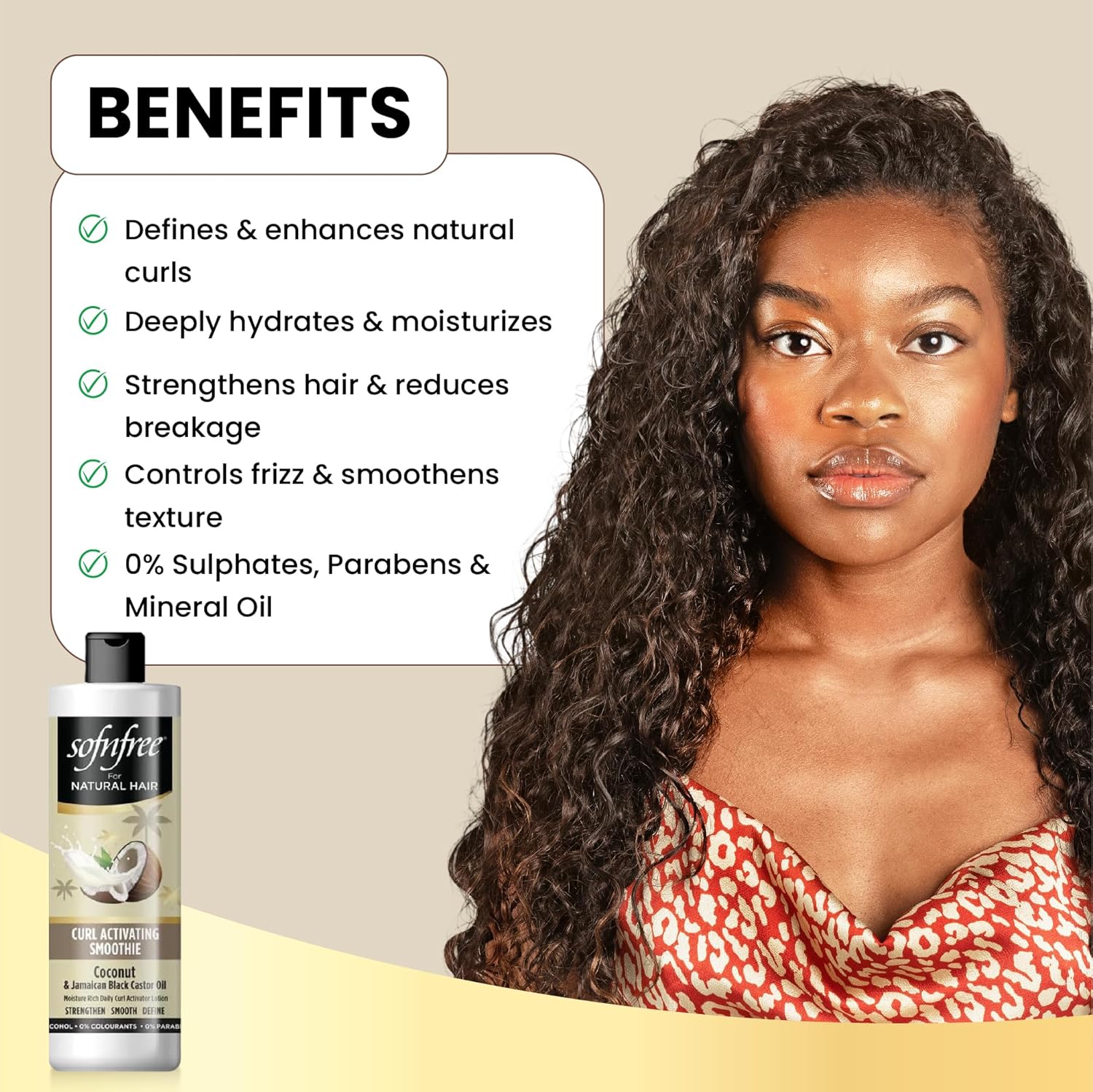 Benefits of Sofn'free Coconut & Jamaican Black Castor Oil Curl Activating Smoothie including curl definition, frizz control, hydration and reduced breakage
