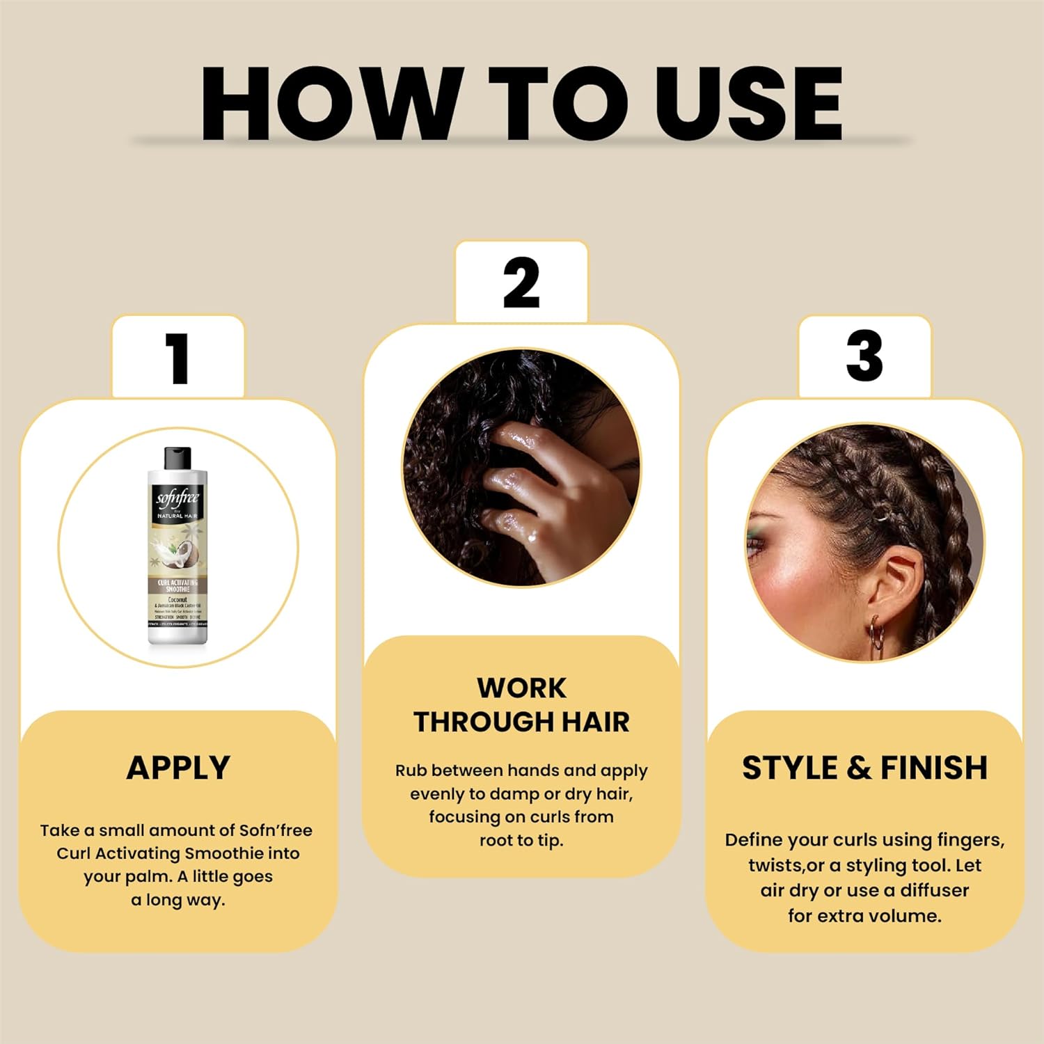 How to apply Sofn'free Coconut & Jamaican Black Castor Oil Curl Activating Smoothie for defined, moisturised curls on damp or dry natural hair