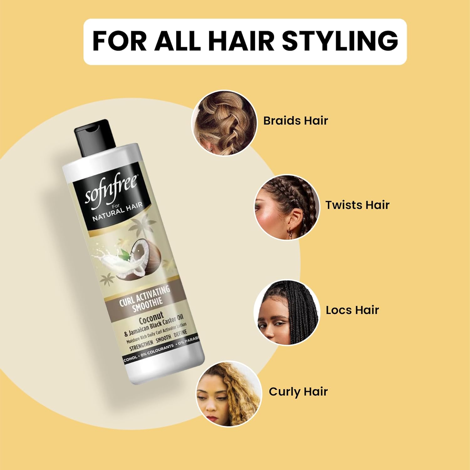 Sofn'free Coconut & Jamaican Black Castor Oil Curl Activating Smoothie suitable for curls, braids, twists and locs to define and moisturise natural hair