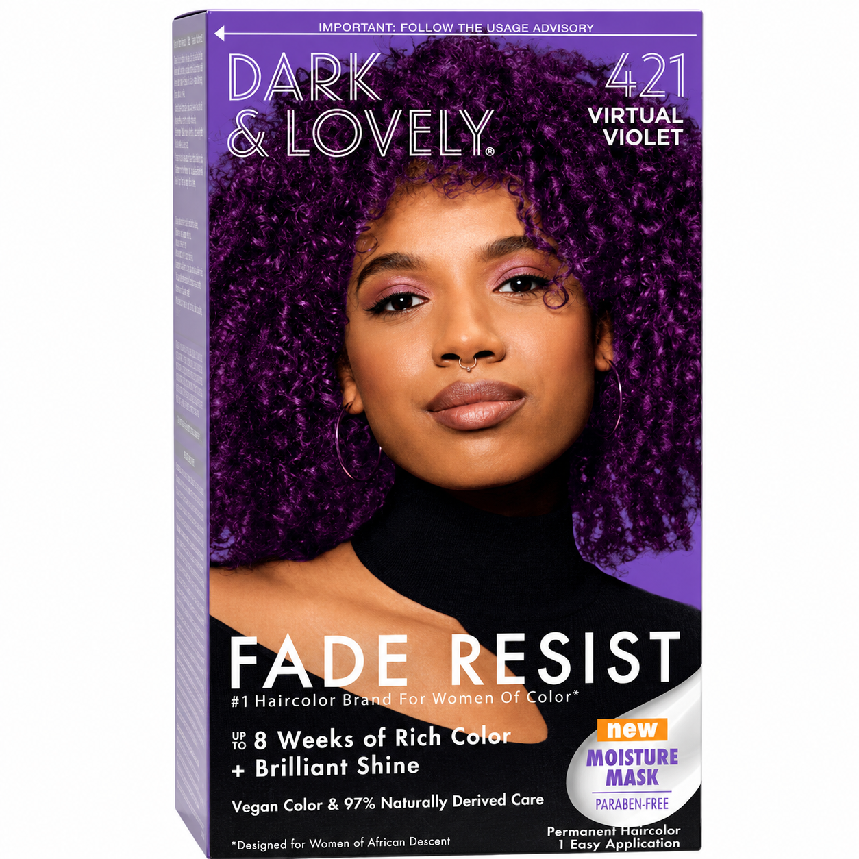 Dark & Lovely Fade Resist 421 Virtual Violet permanent hair colour kit with vegan colour, paraben-free moisture mask and up to eight weeks of rich colour and shine