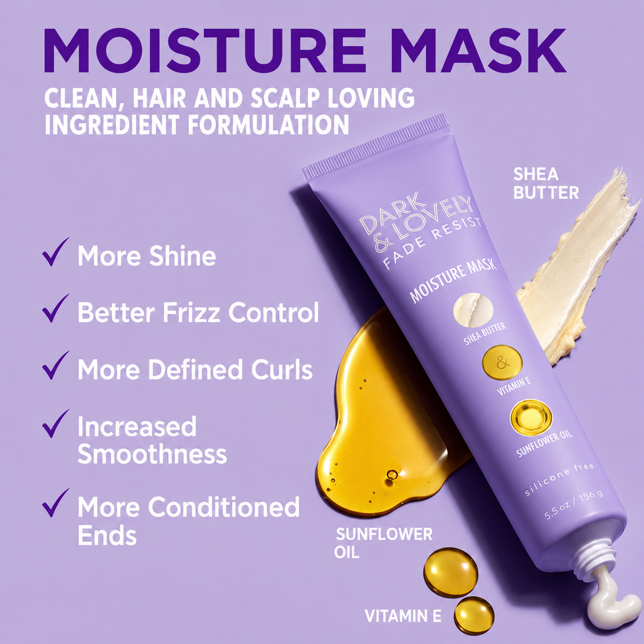 Dark & Lovely Fade Resist Moisture Mask with shea butter, vitamin E and sunflower oil for shinier hair, frizz control, defined curls, smoothness and conditioned ends