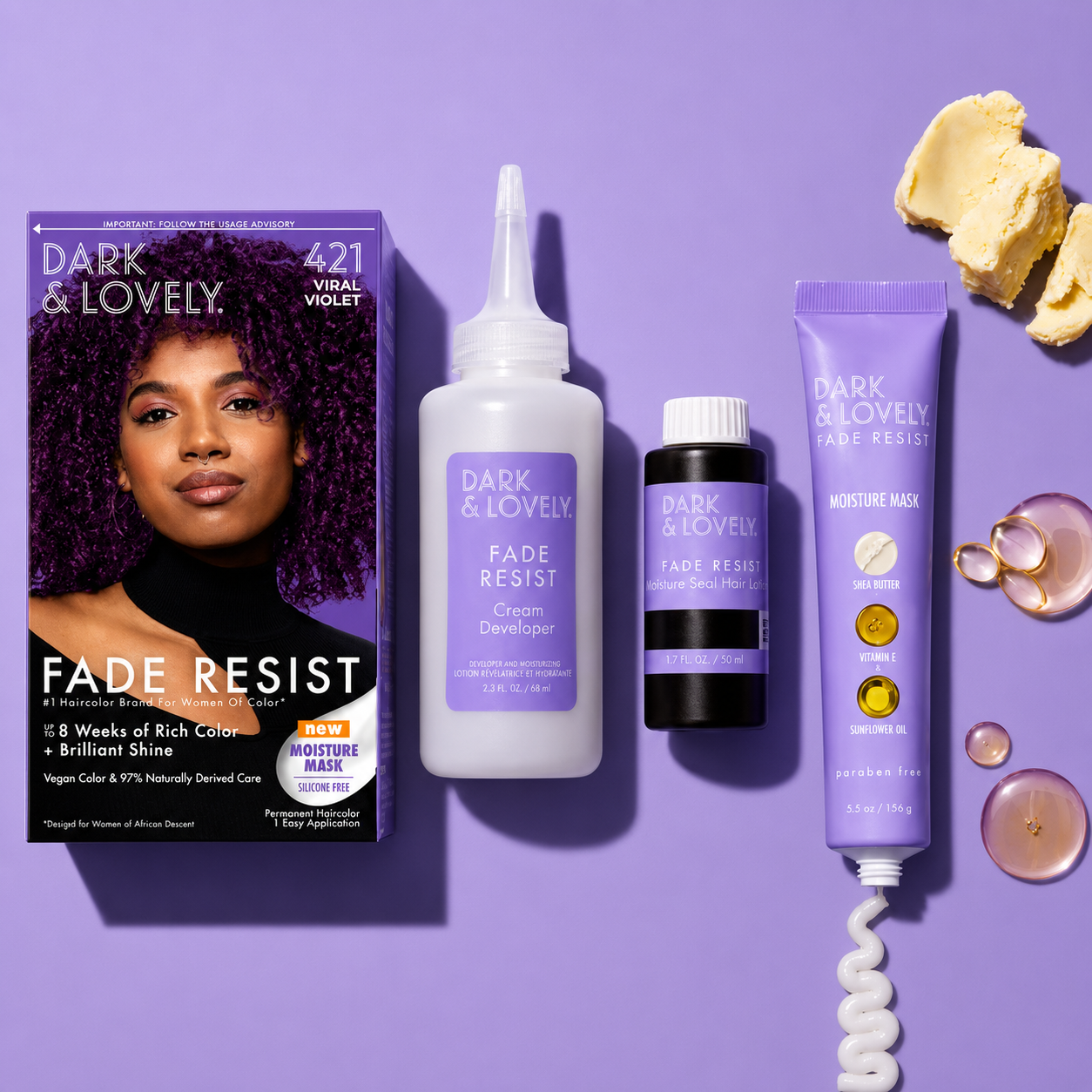 Dark & Lovely Fade Resist 421 Virtual Violet permanent hair colour kit with cream developer, moisture seal lotion and shea butter moisture mask for vibrant colour and shine