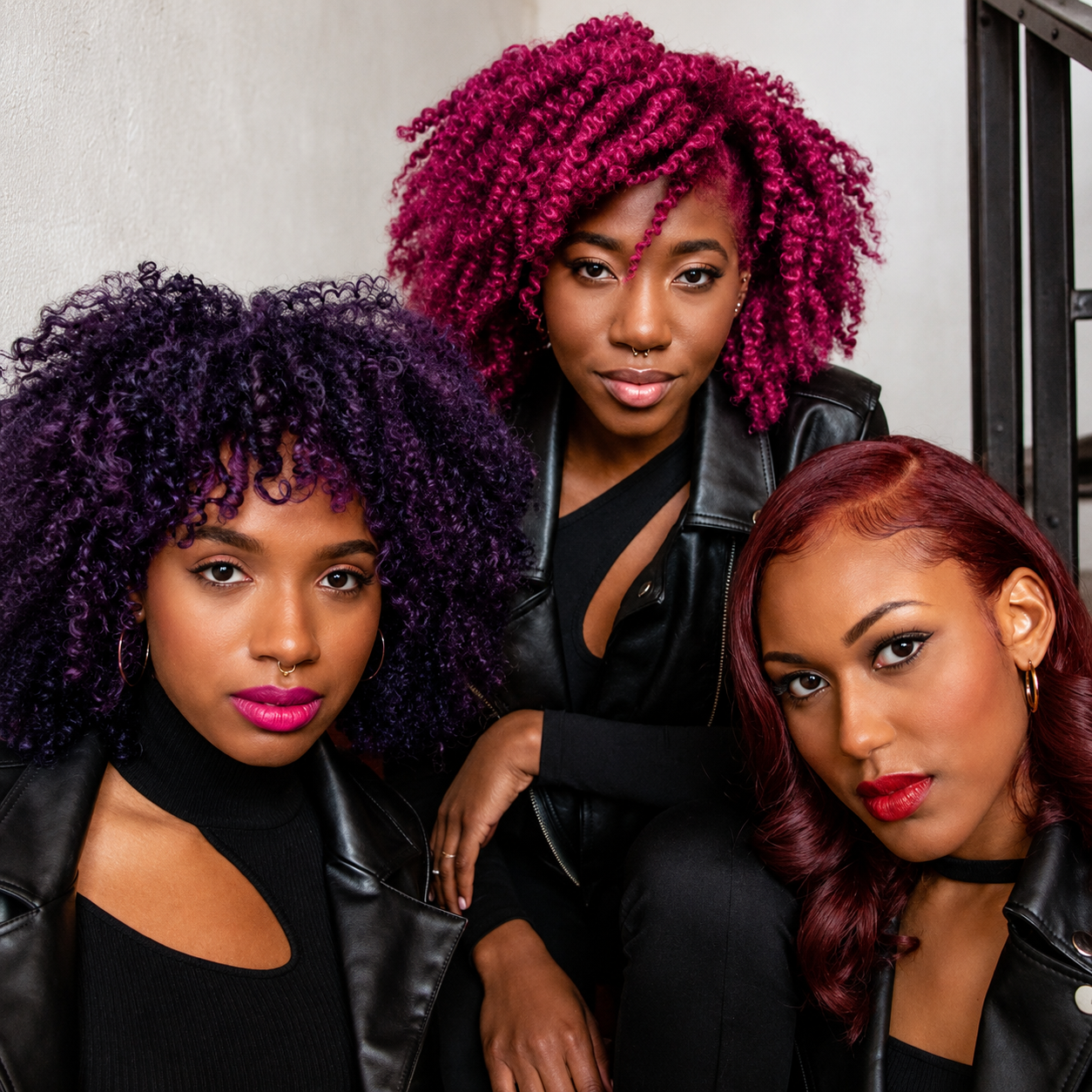 Women showcasing purple, magenta and burgundy hair colour results from the Dark & Lovely Fade Resist permanent hair dye range for textured and curly hair
