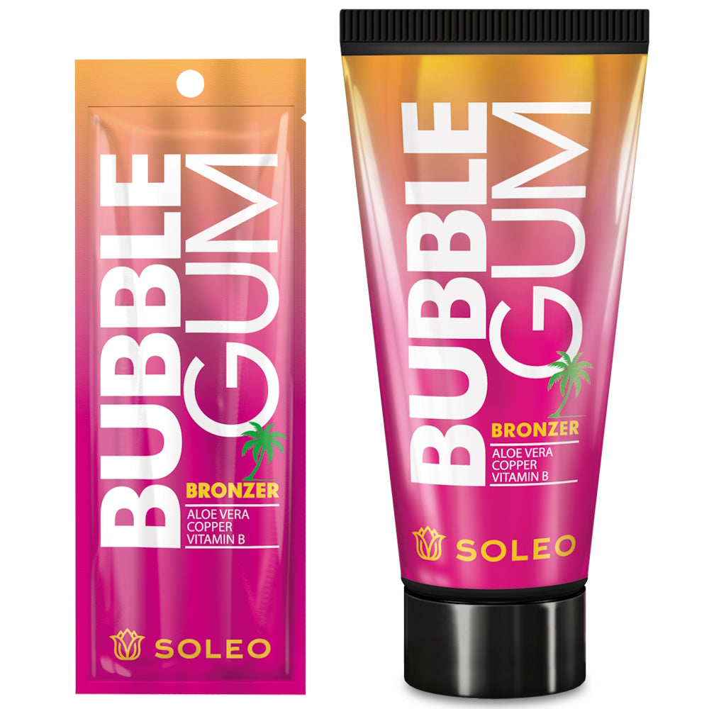 Soleo Bubble Gum bronzer tanning accelerator available in 15ml sachet and 150ml tube at Kiyo Beauty