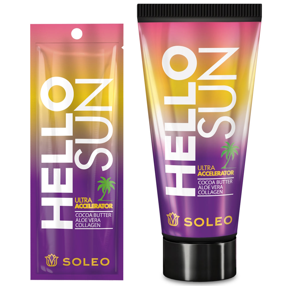 Soleo Hello Sun ultra accelerator tanning lotion available in 15ml sachet and 150ml tube at Kiyo Beauty