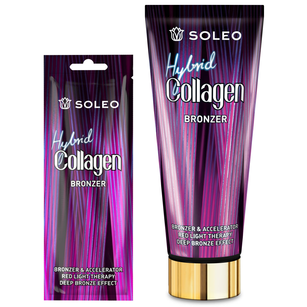 Soleo Hybrid Collagen Bronzer tanning accelerator available in 15ml sachet and 150ml tube at Kiyo Beauty