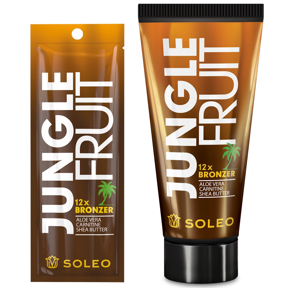 Soleo Jungle Fruit 12x bronzer tanning lotion available in 15ml sachet and 150ml tube at Kiyo Beauty