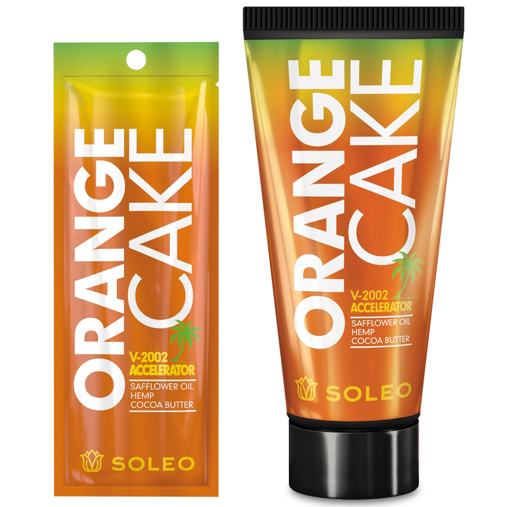 Soleo Orange Cake V-2002 tanning accelerator available in 15ml sachet and 150ml tube at Kiyo Beauty
