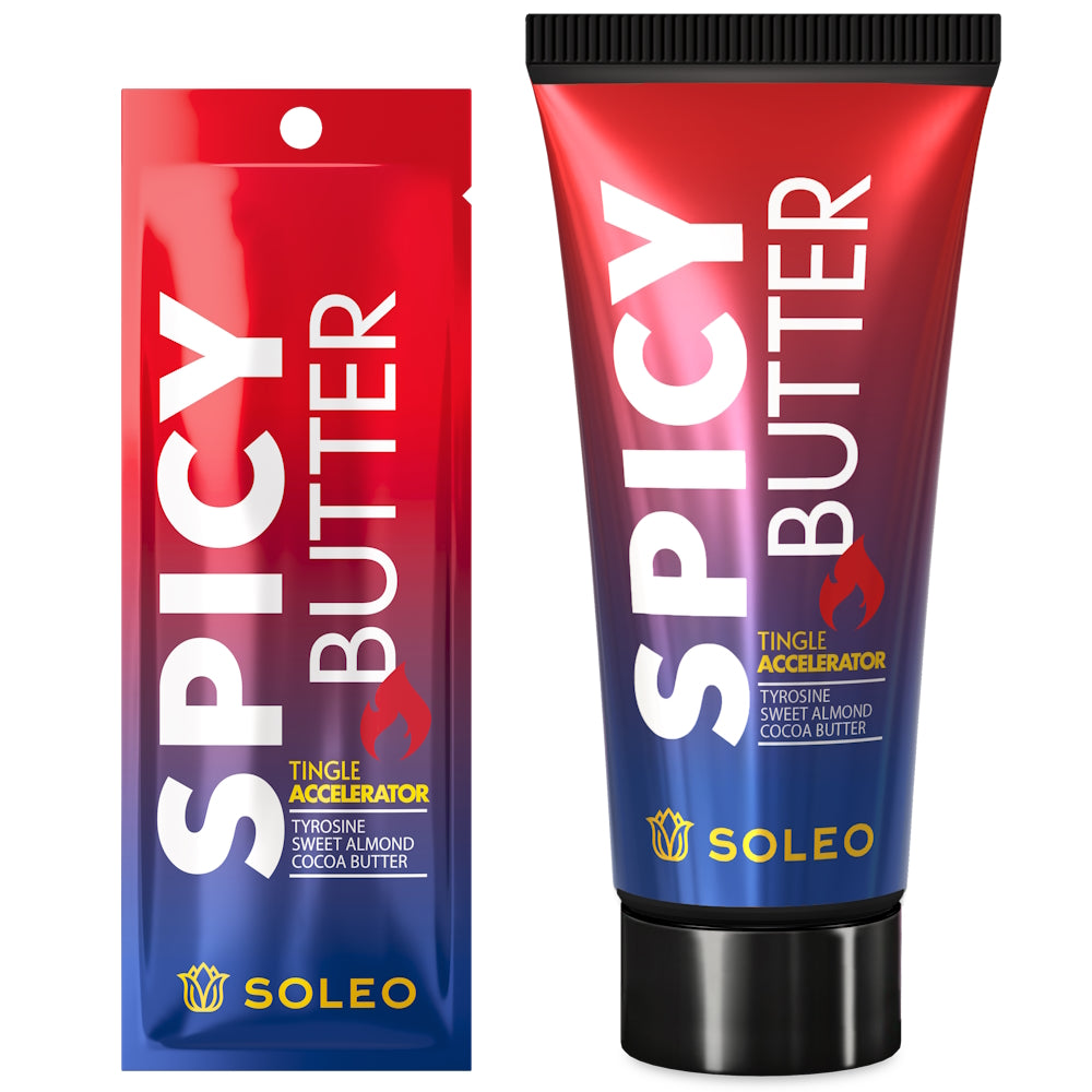 Soleo Spicy Butter tingle accelerator tanning lotion available in 15ml sachet and 150ml tube at Kiyo Beauty