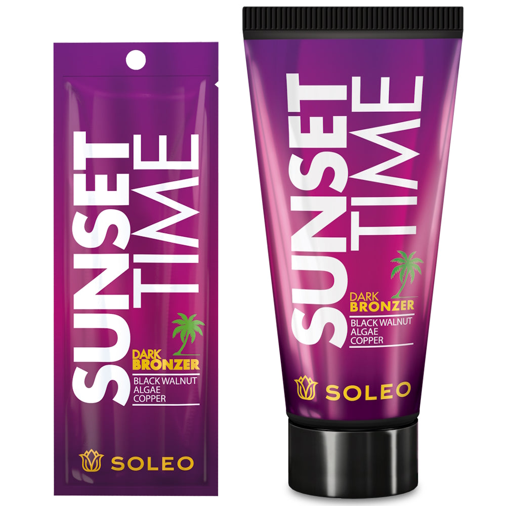 Soleo Sunset Time dark bronzer tanning lotion available in 15ml sachet and 150ml tube at Kiyo Beauty