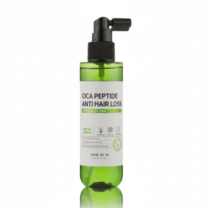 Green bottle of Cica Peptide Anti Hair Loss Scalp Tonic with black spray nozzle on a white background