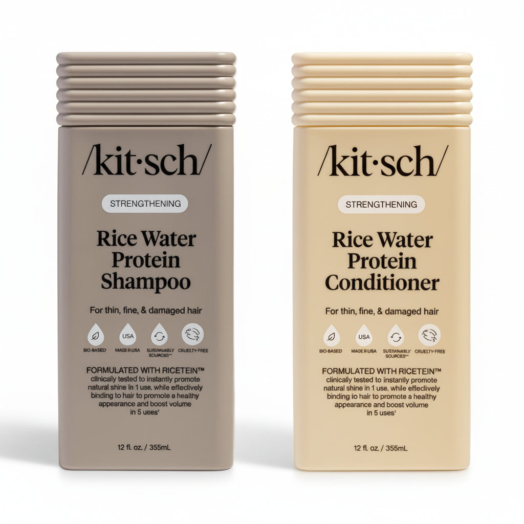 Two bottles of Kitsch Rice Water Protein Shampoo and Conditioner on a white background