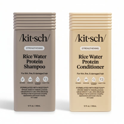 Two bottles of Kitsch Rice Water Protein Shampoo and Conditioner on a white background