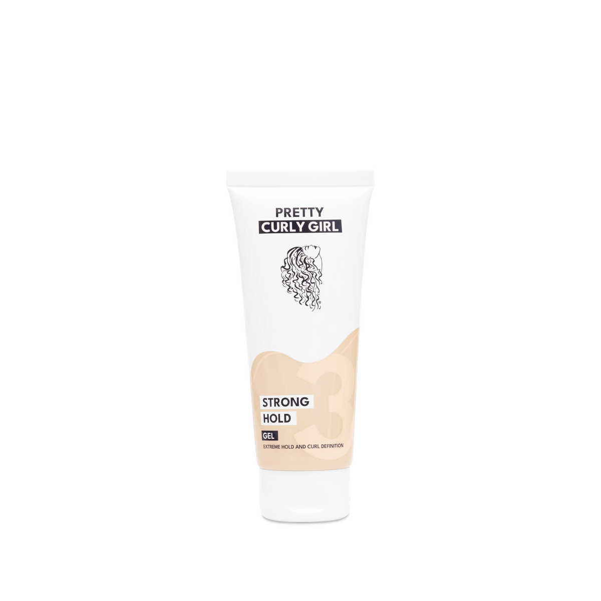 Pretty Curly Girl hair product with white and beige packaging on a white background