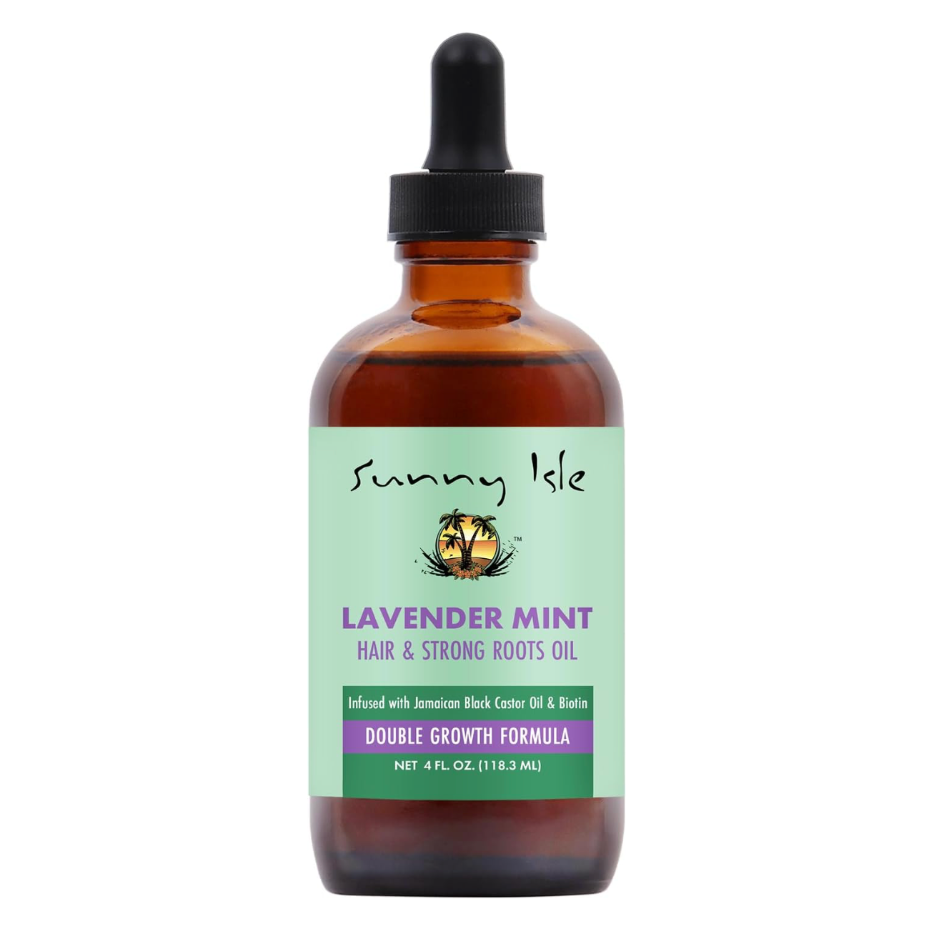 Sunny Isle Lavender Mint Hair & Strong Roots Oil 4 fl oz bottle infused with Jamaican Black Castor Oil and Biotin to strengthen roots, nourish the scalp, and promote healthy hair growth.