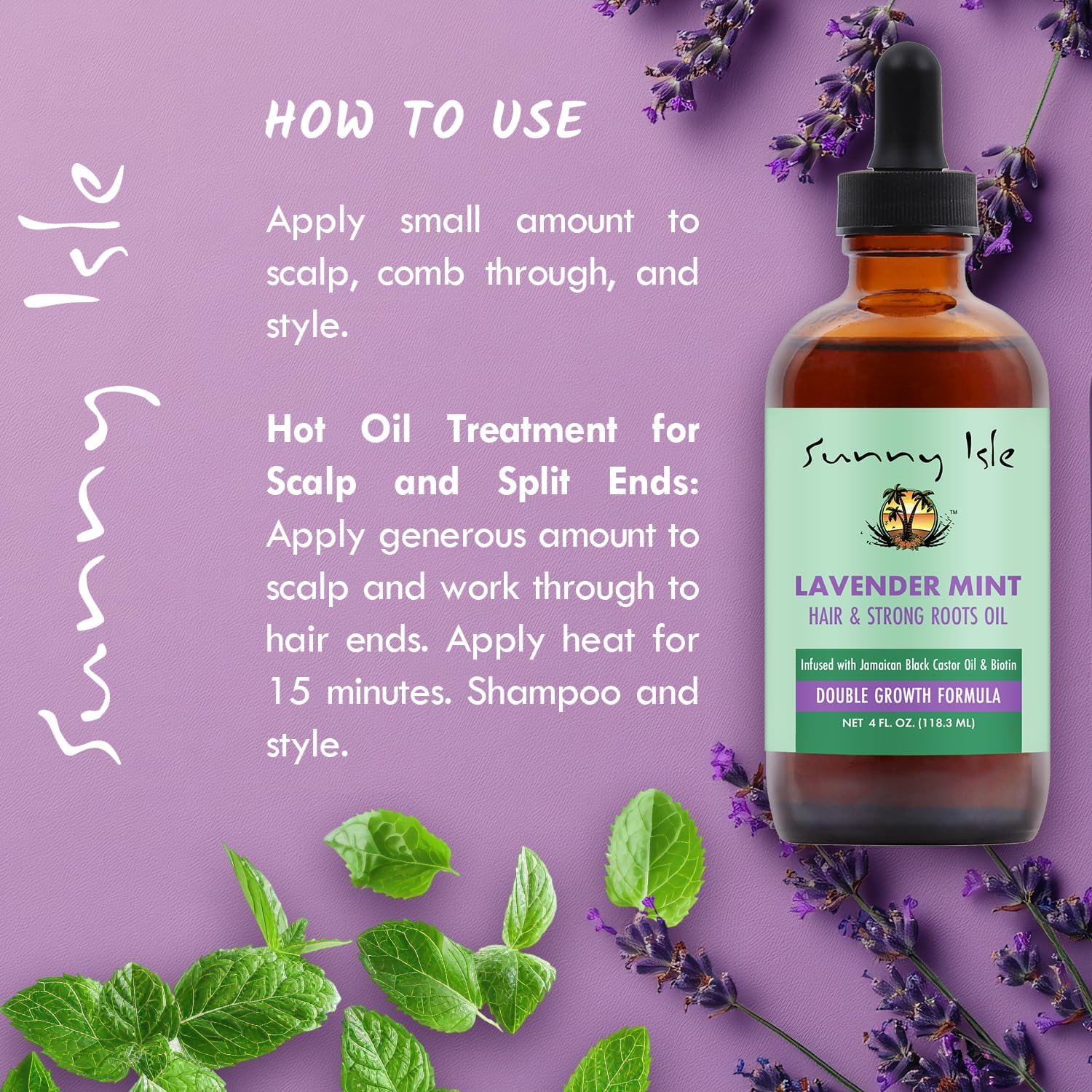Sunny Isle Lavender Mint Hair & Strong Roots Oil with step-by-step usage instructions for daily scalp care and hot oil treatments to strengthen and moisturize hair.
