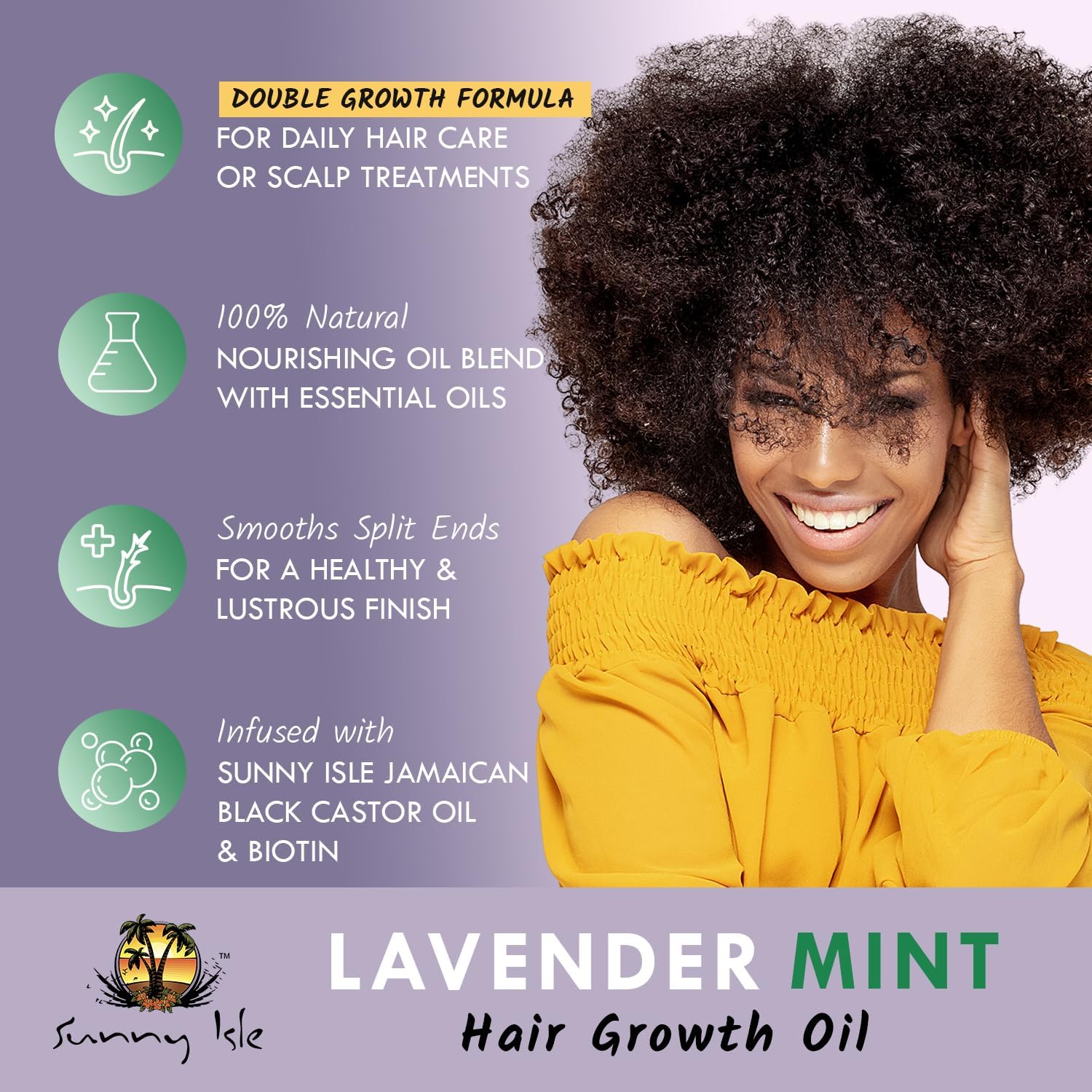 Sunny Isle Lavender Mint Hair & Strong Roots Oil highlighting its double growth formula, natural nourishing oils, split end repair, and Jamaican Black Castor Oil with Biotin.