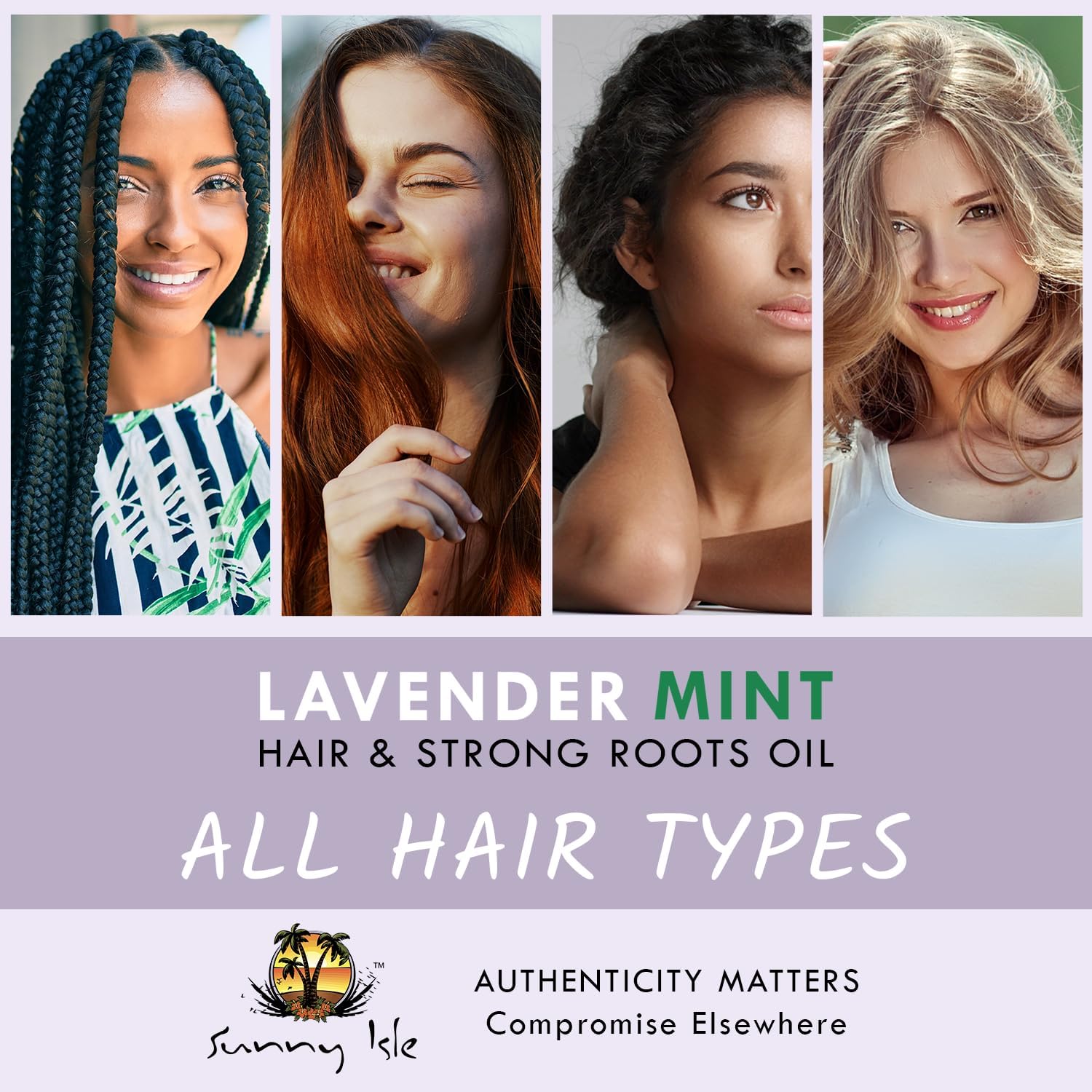 Sunny Isle Lavender Mint Hair & Strong Roots Oil suitable for all hair types, including curly, straight, wavy, and coily hair, for healthier, stronger-looking hair.