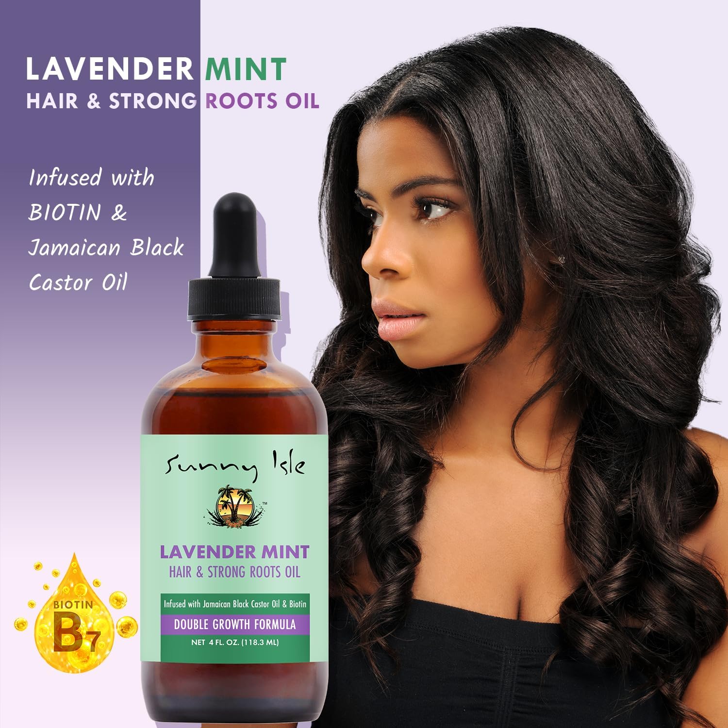 Sunny Isle Lavender Mint Hair & Strong Roots Oil infused with Biotin and Jamaican Black Castor Oil displayed alongside a model with healthy, shiny hair.