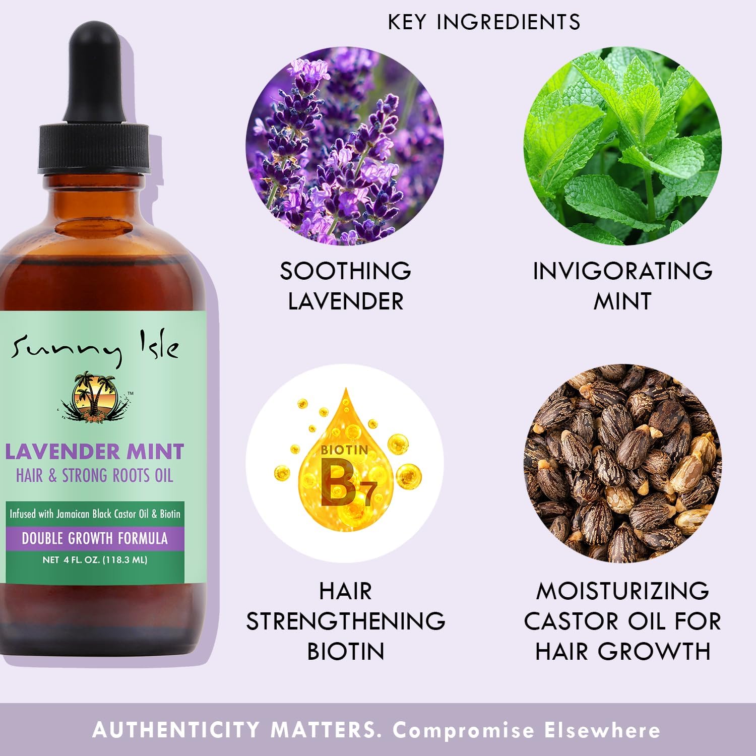 Sunny Isle Lavender Mint Hair & Strong Roots Oil featuring key ingredients including lavender, mint, biotin, and Jamaican Black Castor Oil for scalp nourishment and hair growth support.