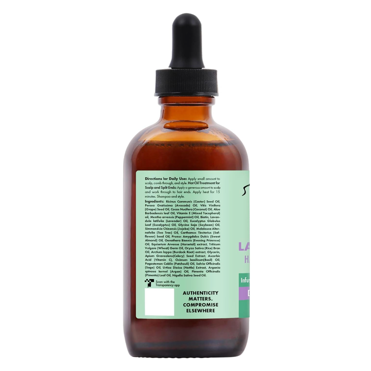 Back label of Sunny Isle Lavender Mint Hair & Strong Roots Oil showing directions for use, ingredients, and product authenticity information.