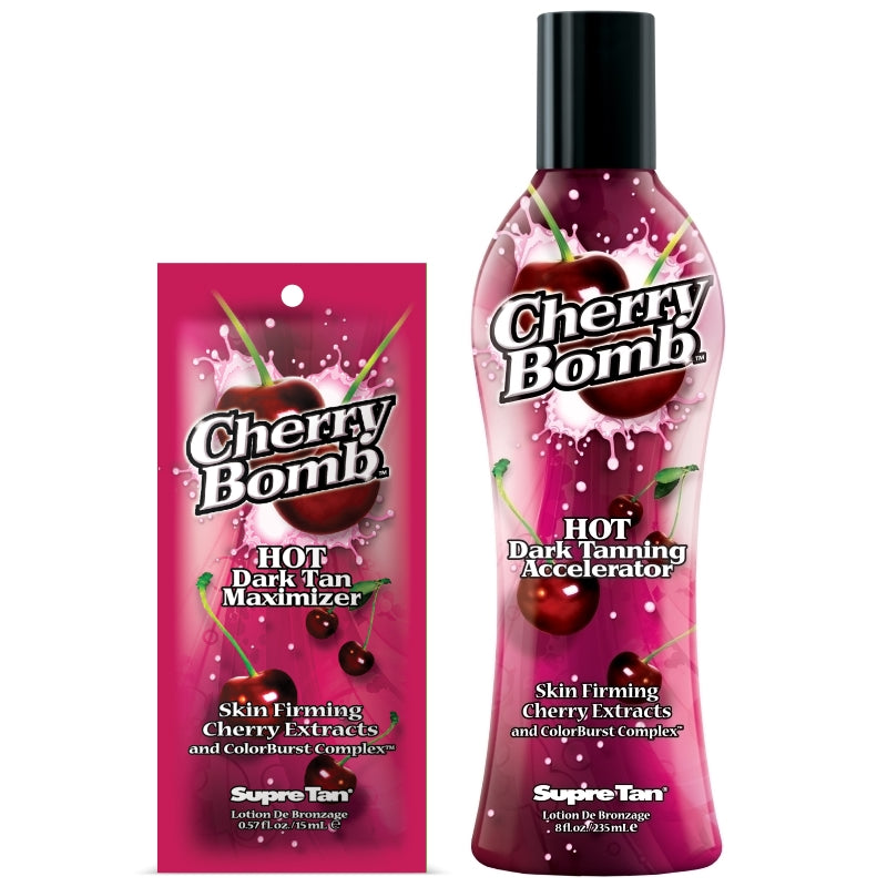 Supre Tan Cherry Bomb Hot Dark Tan Maximizer available in 15ml sachet and 235ml bottle at Kiyo Beauty