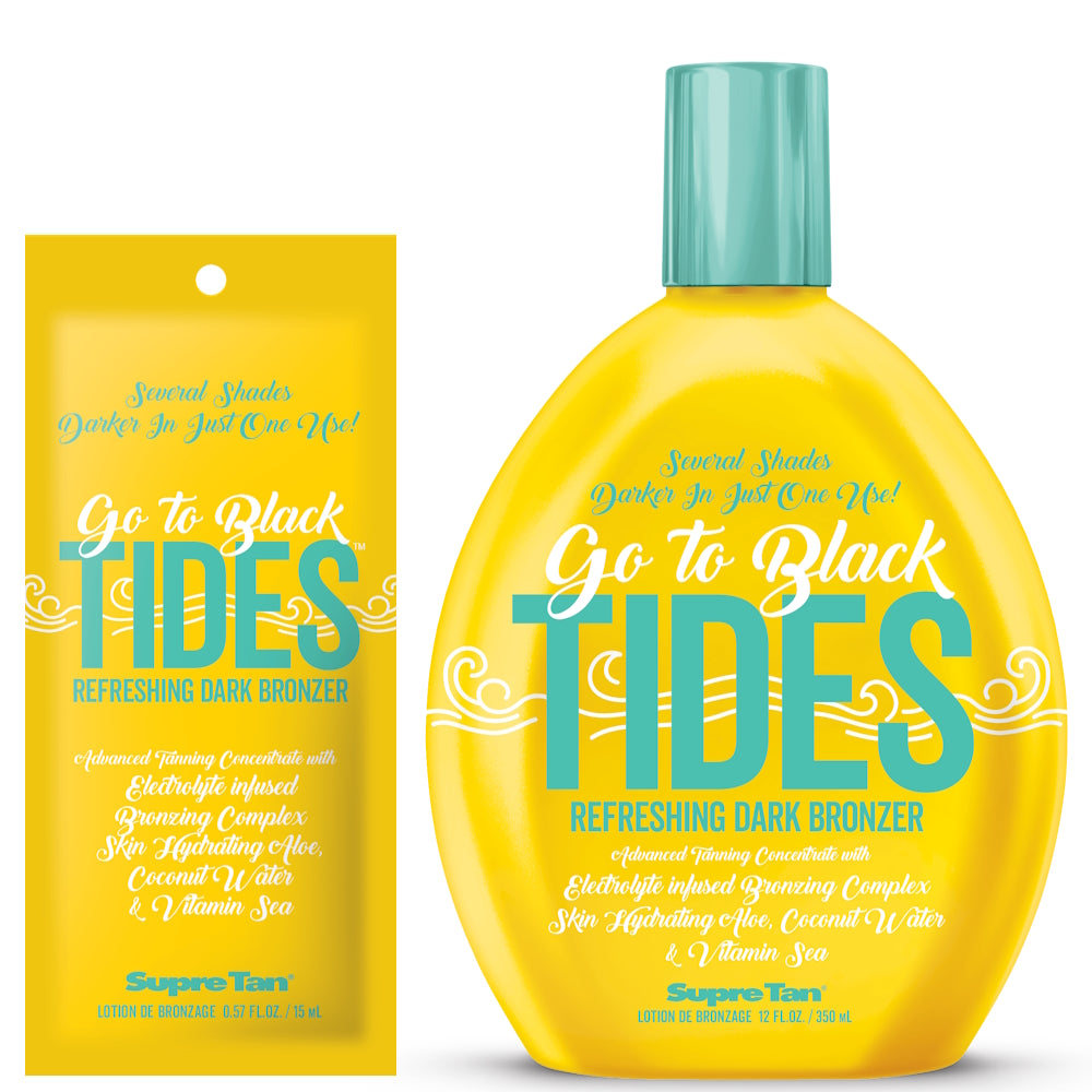 Supre Tan Go To Black Tides Refreshing Dark Bronzer available in 15ml sachet and 350ml bottle at Kiyo Beauty