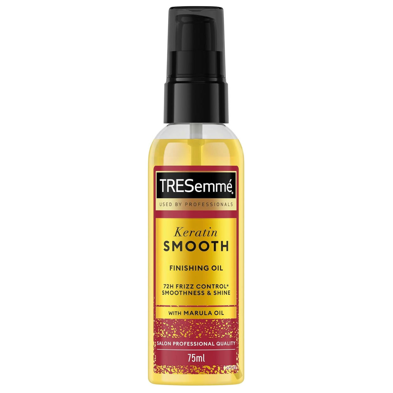 TRESemmé Keratin Smooth Finishing Oil 75ml with marula oil for frizz control and glossy, smooth hair in a clear pump bottle, visible golden colour oil on a white background