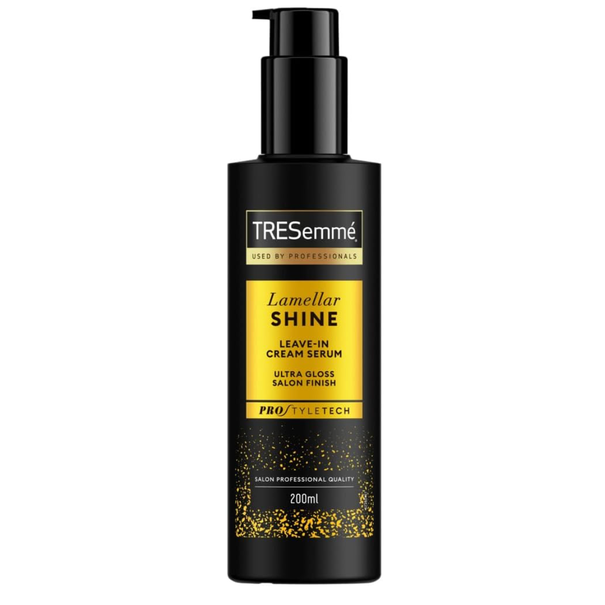 TRESemmé Lamellar Shine Leave-In Cream Serum 200ml black pump bottle with gold label, centred on a clean white background
