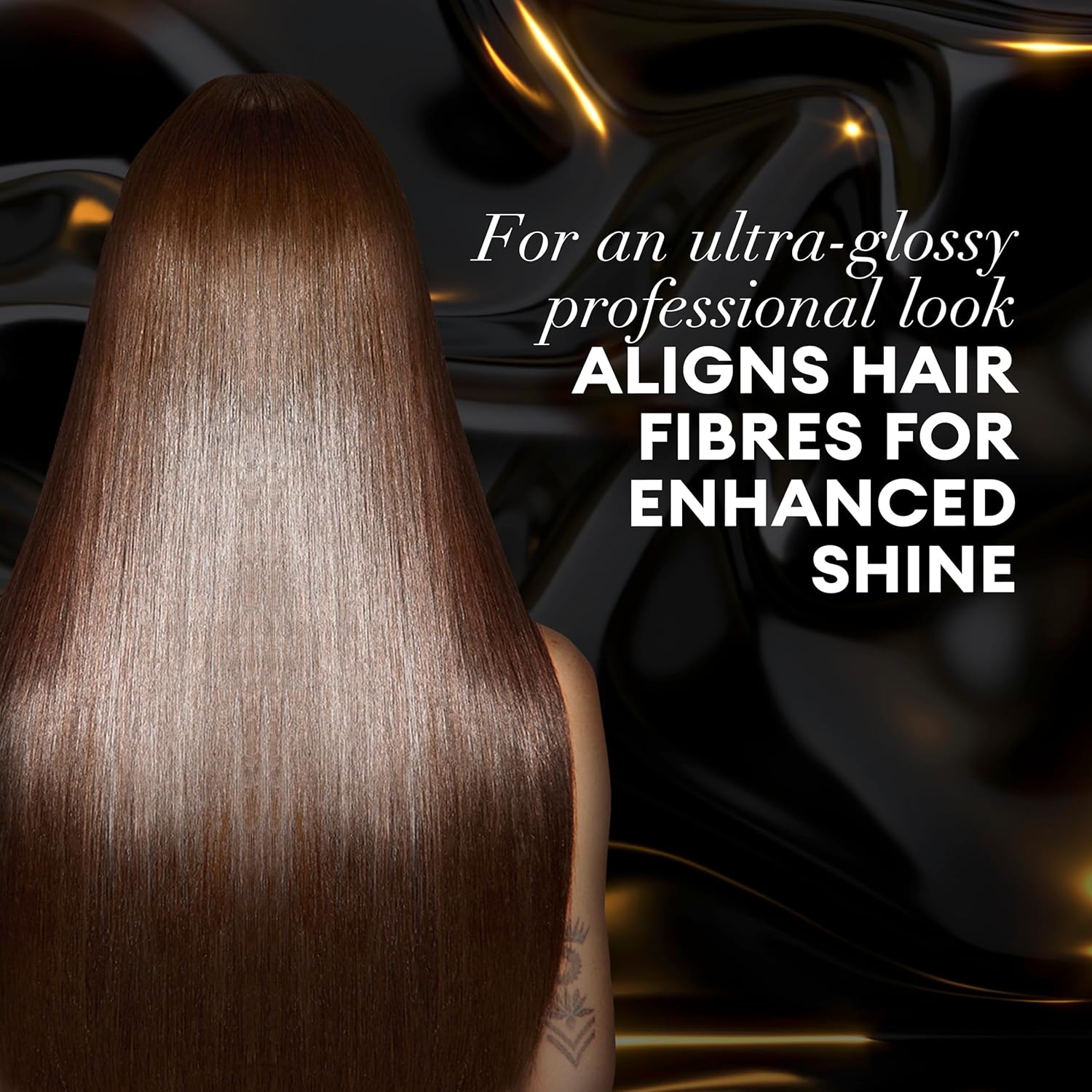 Long, straight glossy brown hair against a reflective black and gold background, showing how TRESemmé Lamellar Shine Cream Serum aligns hair fibres