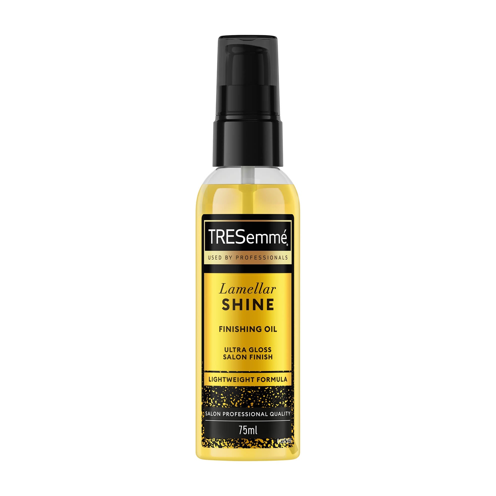 TRESemmé Lamellar Shine Finishing Oil 75ml in a clear golden bottle with black pump and gold label, centred on a clean white background
