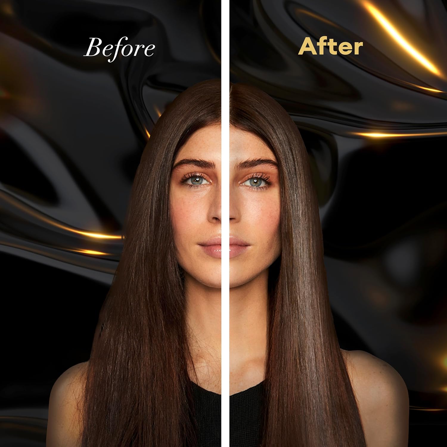 Before-and-after results showing smoother, shinier hair with TRESemmé Lamellar Shine Finishing Oil