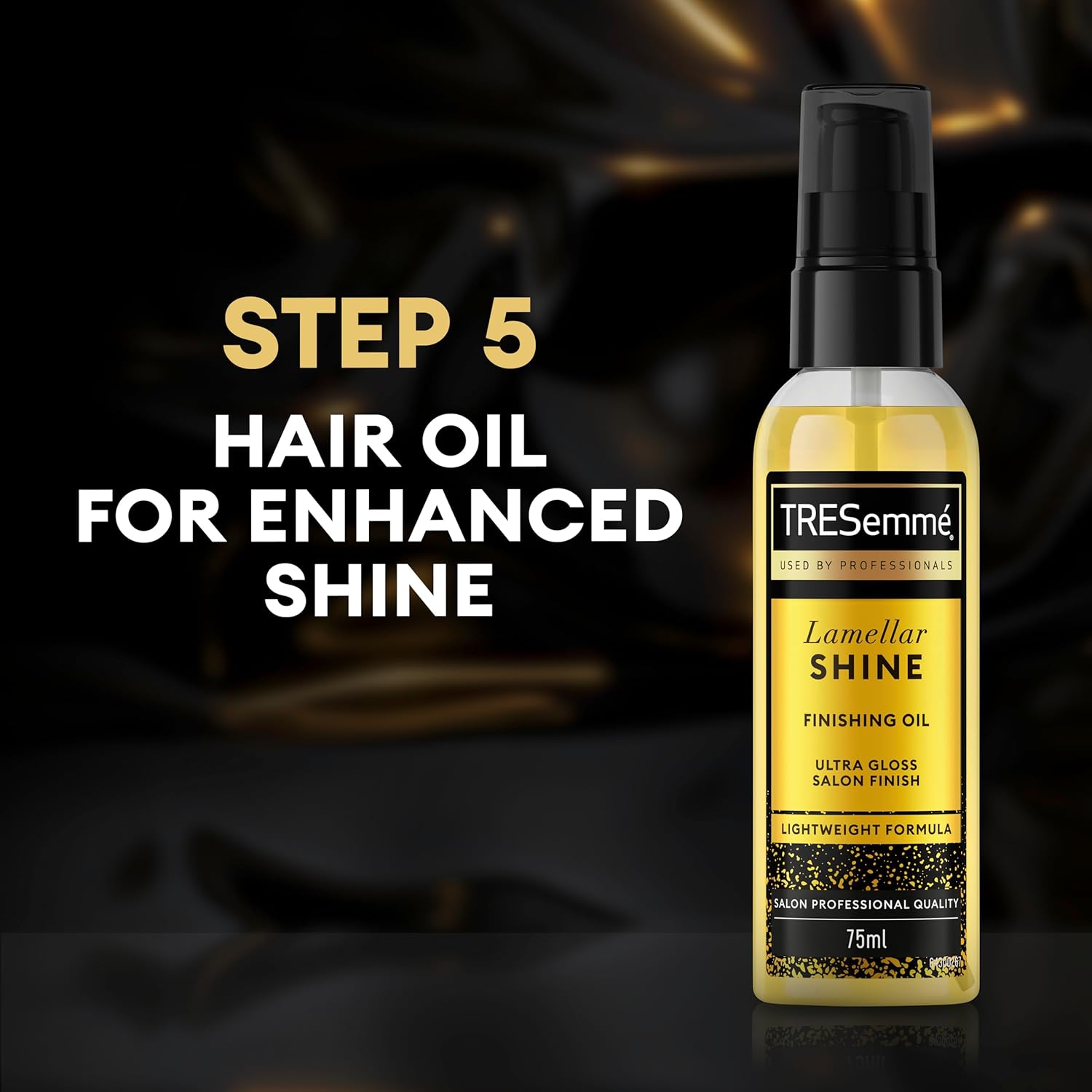Apply TRESemmé Lamellar Shine Finishing Oil 75ml as the final styling step for enhanced shine
