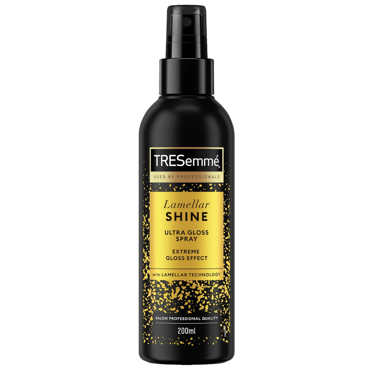 TRESemmé Lamellar Shine Ultra Gloss Spray 200ml black spray bottle with gold label, centred on a clean white background