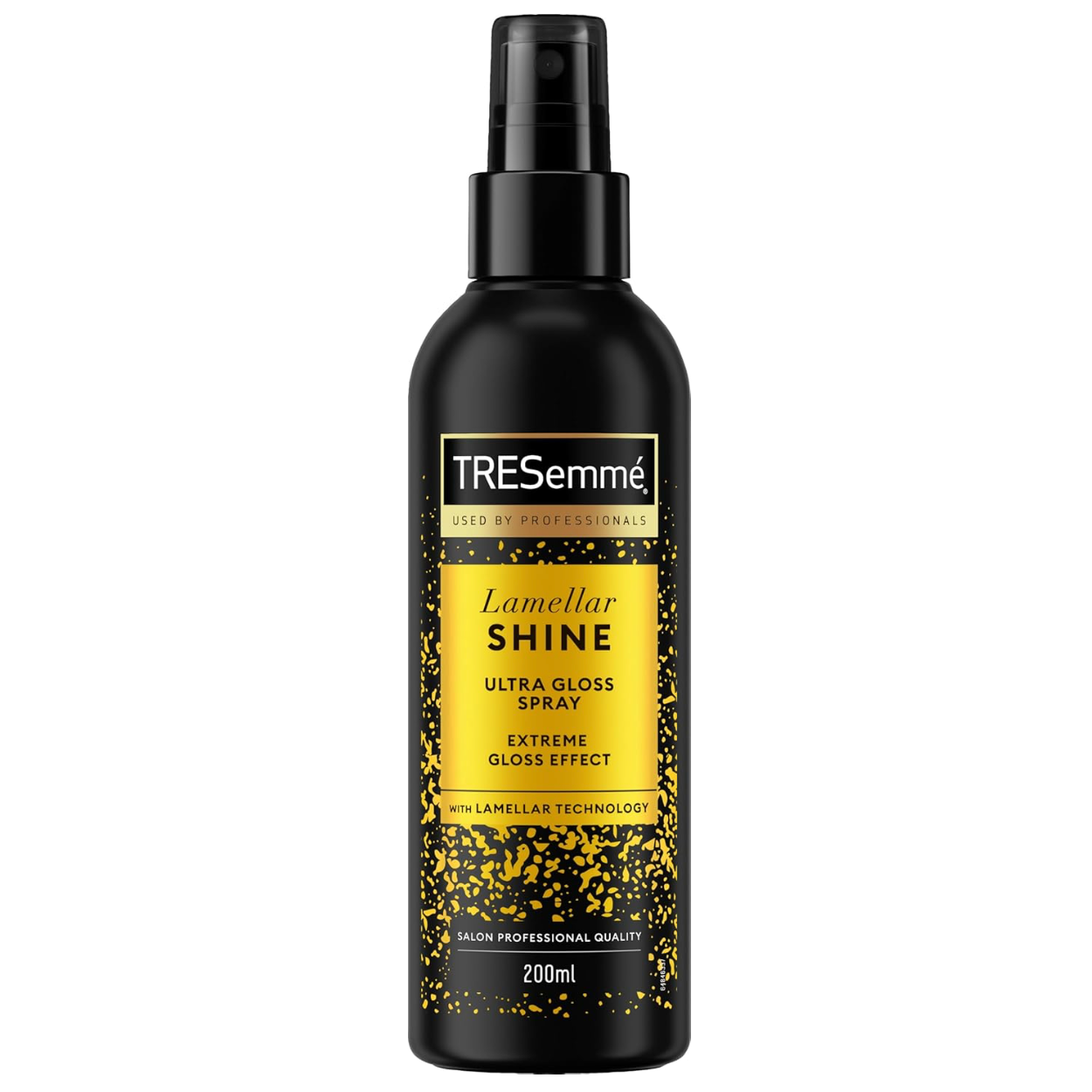 TRESemmé Lamellar Shine Ultra Gloss Spray 200ml black spray bottle with gold label, centred on a clean white background