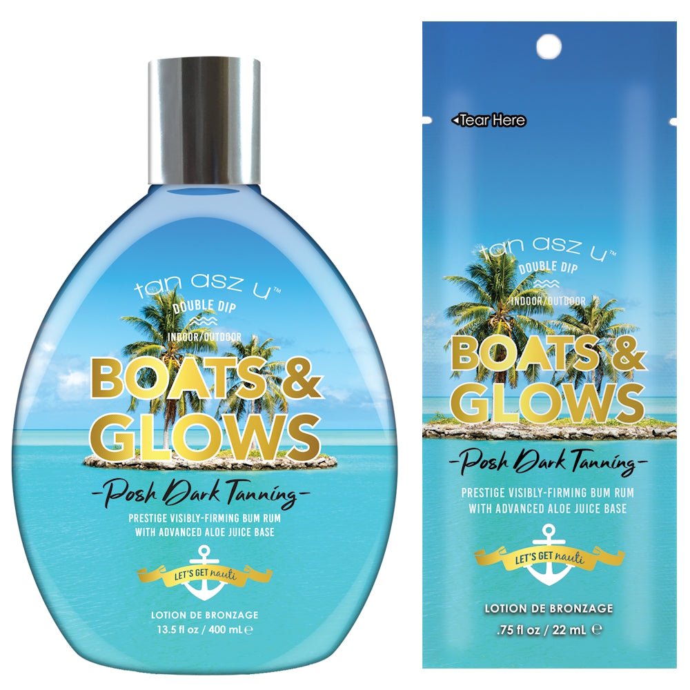 Tan Asz U Boats & Glows Posh Dark Tanning Lotion available in 22ml sachet and 400ml bottle at Kiyo Beauty