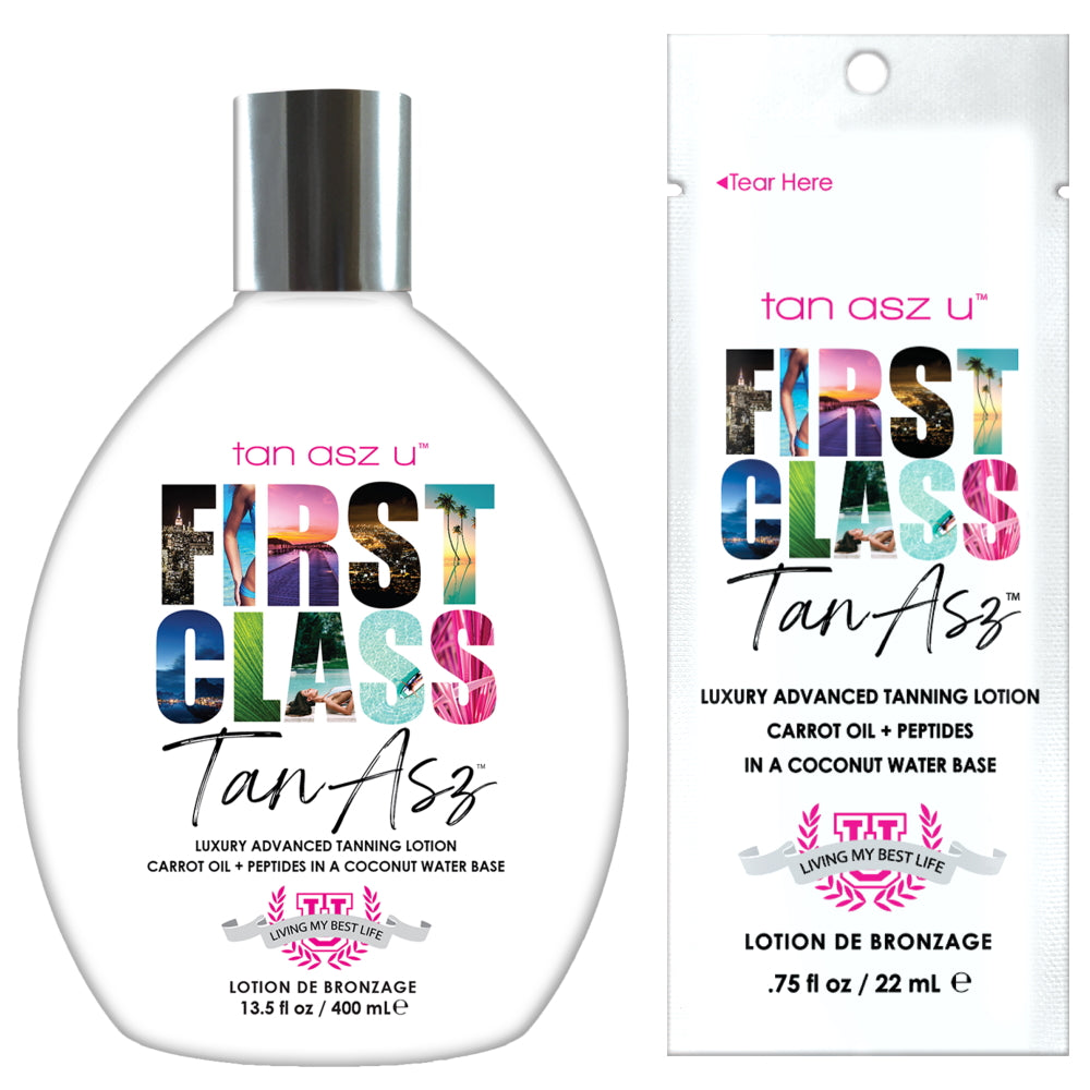 Tan Asz U First Class Tan Asz luxury advanced tanning lotion available in 22ml sachet and 400ml bottle at Kiyo Beauty