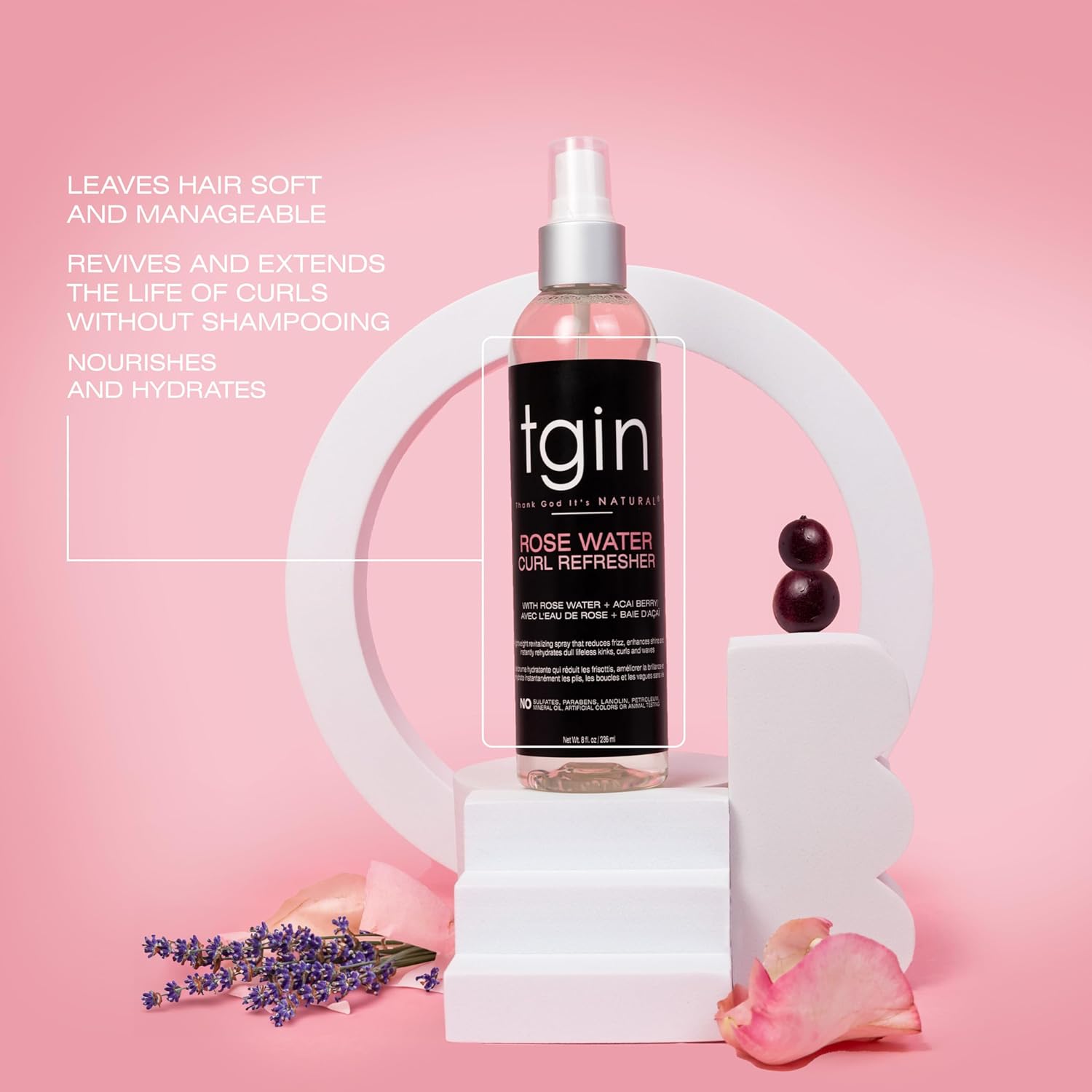Tgin Rose Water Curl Refresher 8oz description of benefits for hair with pink background