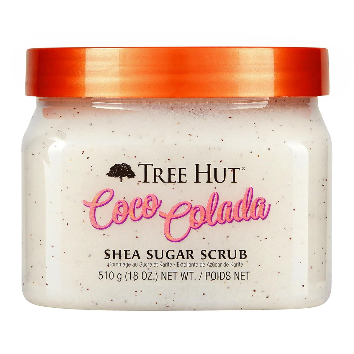 front view of Tree Hut Coco Colada Shea Sugar Scrub 18oz in the newest packaging, clear tub with a dark orange lid against a clean white background