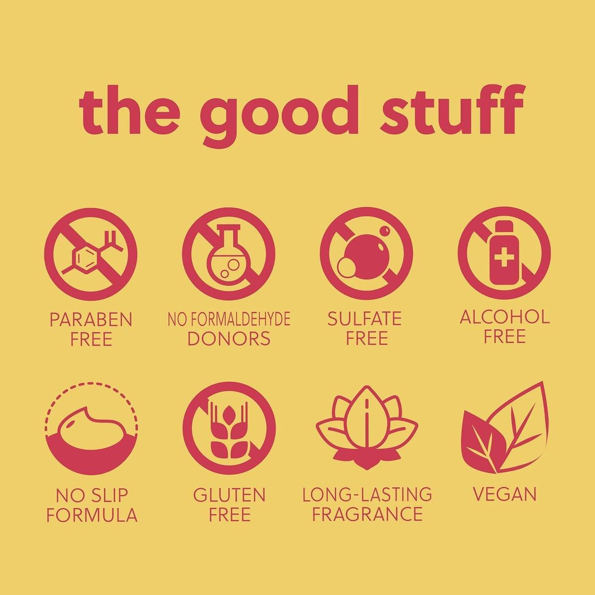 a list of ingredients not used in Tree Hut Coco Colada Shea Sugar Scrub 18oz with a symbol and cross for ingredients not included and other benefits