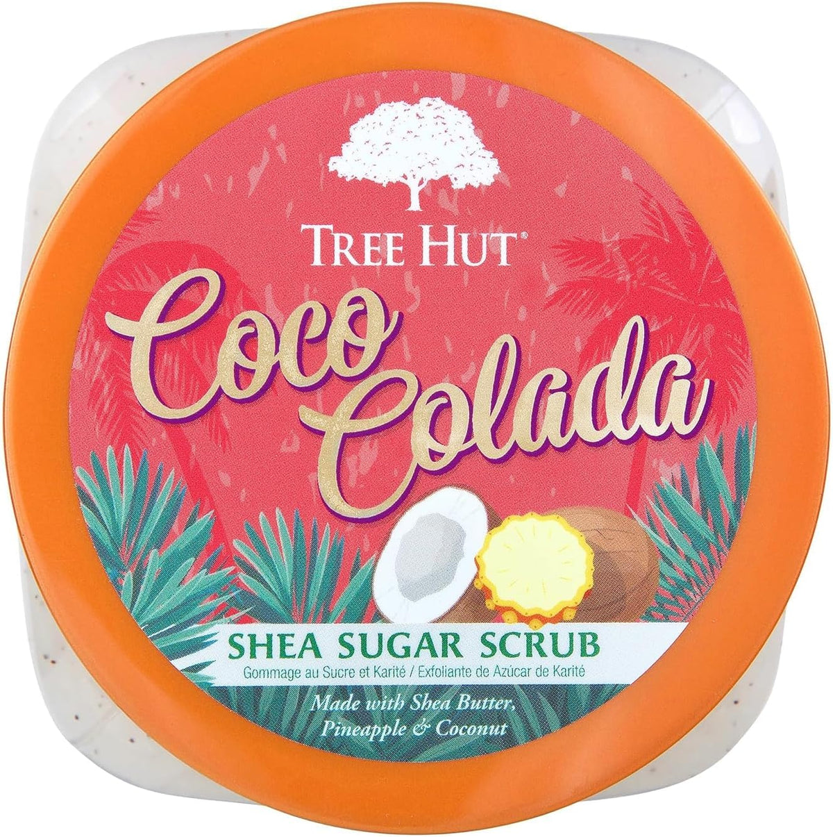 top view of Tree Hut Coco Colada Shea Sugar Scrub 18oz displaying the design on the lid on a clean white background