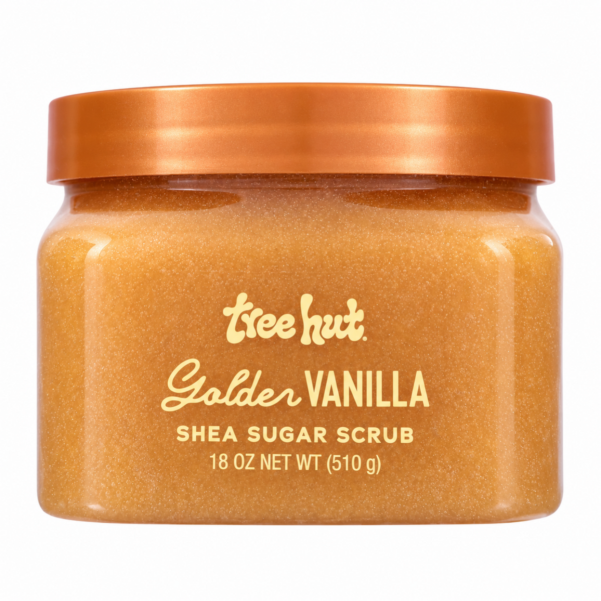 front view of Tree Hut Golden Vanilla Shea Sugar Scrub 18oz showcasing a clear tub with a orange lid against a clean white background