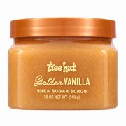 front view of Tree Hut Golden Vanilla Shea Sugar Scrub 18oz showcasing a clear tub with a orange lid against a clean white background